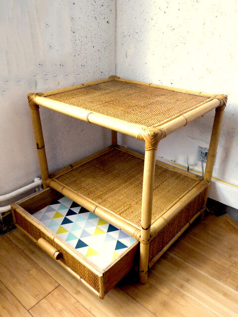 Vintage coffee table wood and blond rattan one drawer ca 1970