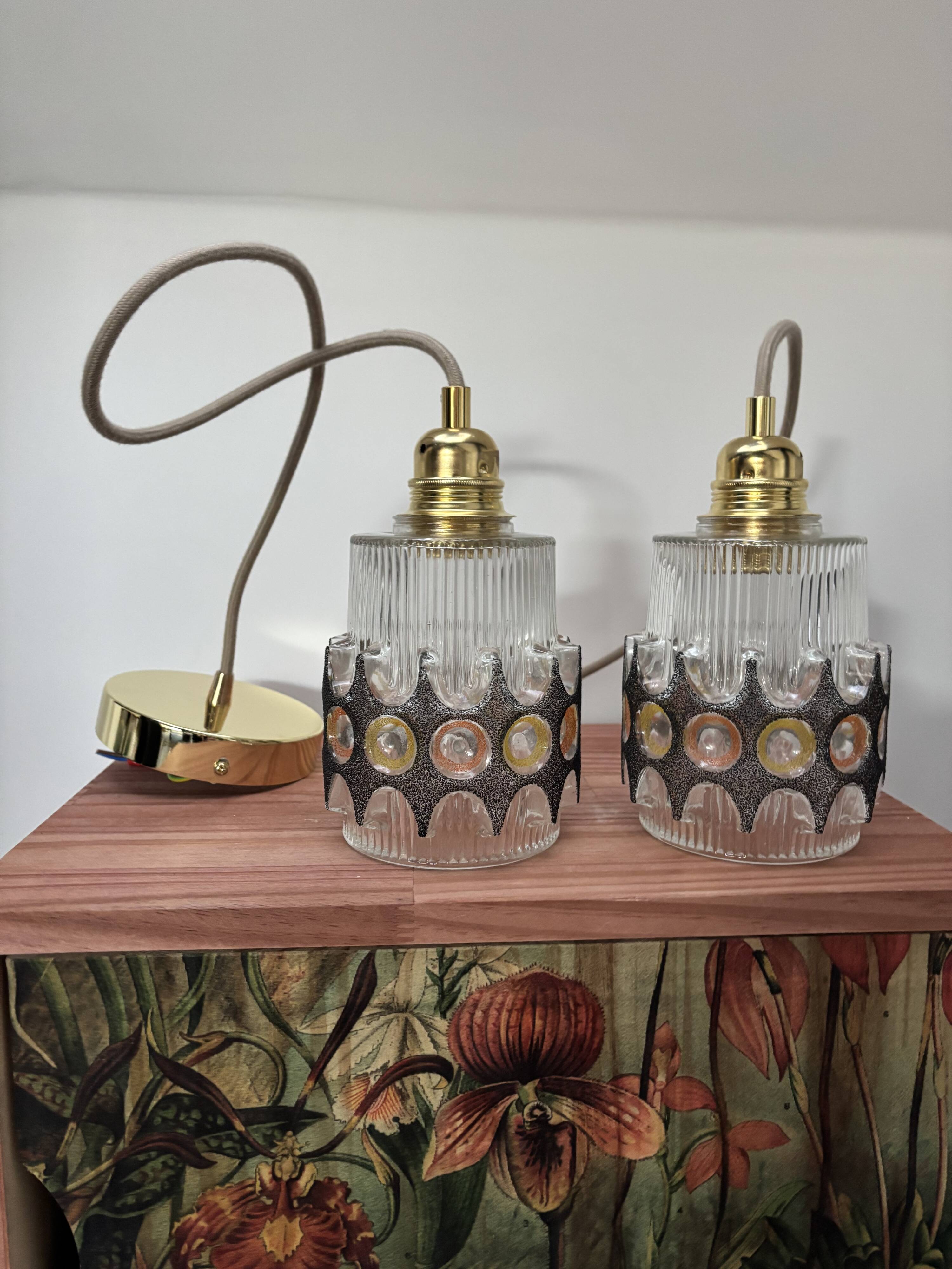 Pair of vintage faceted glass pendant lights