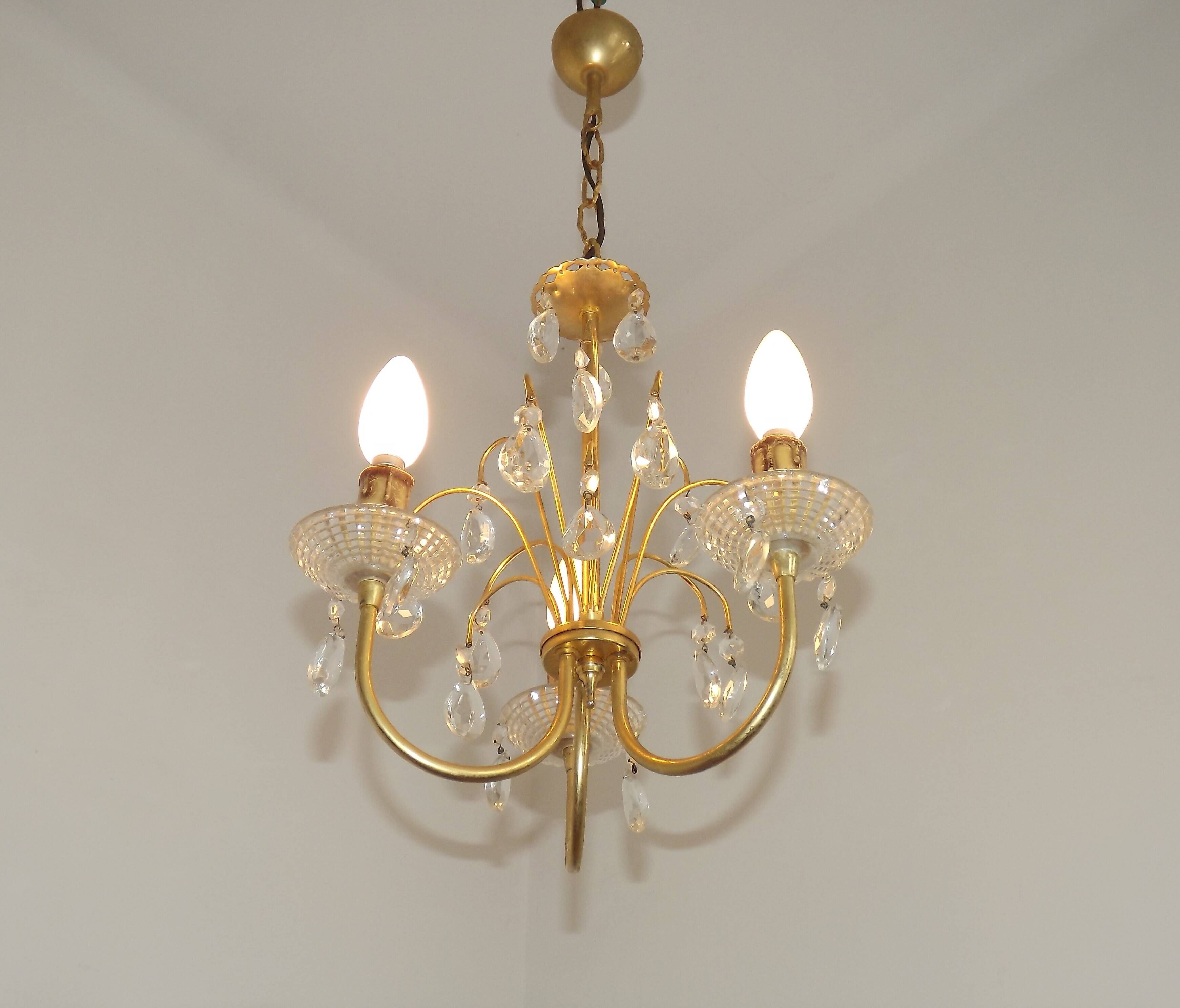 French Vintage Gold Effect Metal-Crystal 3 Light Chandelier Glass Bobeches