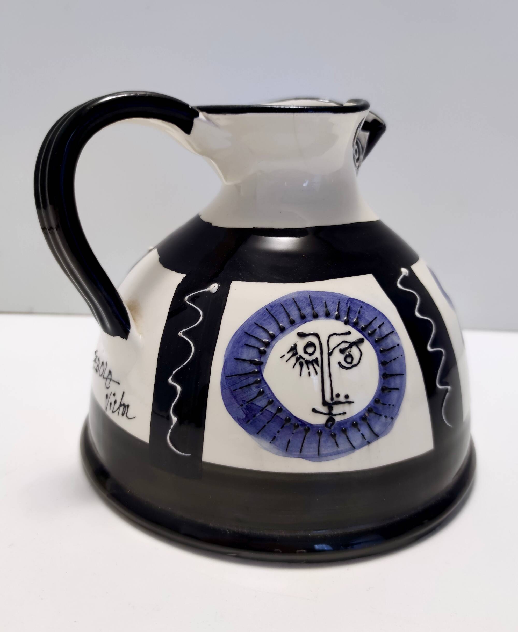 White, Black and Blue Hand-Painted Ceramic Jug / Vase