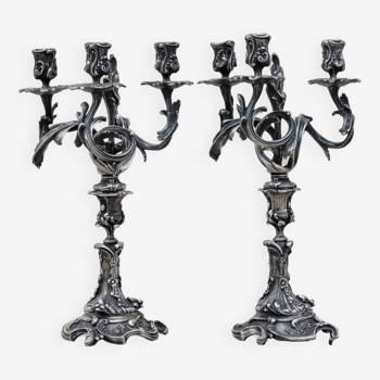 Paire de chandeliers candélabres bougeoirs louis xv en bronze argenté - 19ème