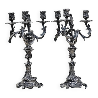 Pair of louis xv candlesticks candelabra candlesticks in silvered bronze - 19th