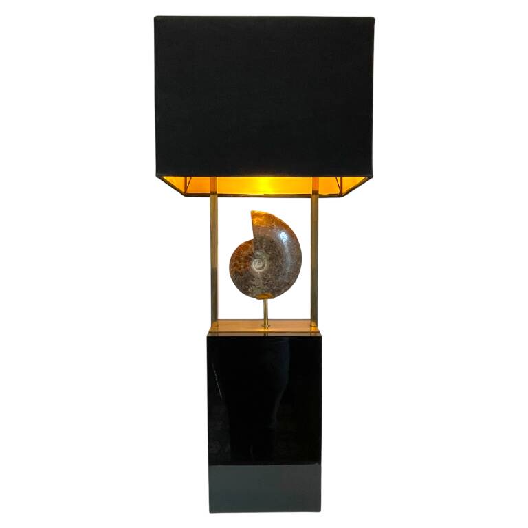 MAISON JANSEN (attr) 'Ammonite' lamp 102cm, gilded brass and black lacquered wood