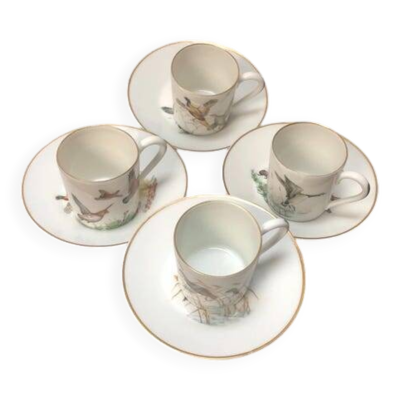 Porcelain de Paris Espresso Cup & Saucer Set: Bird Motif, Gilded, 1950s