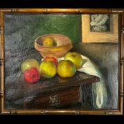 Painting, oil on canvas, still life with apples with bamboo frame