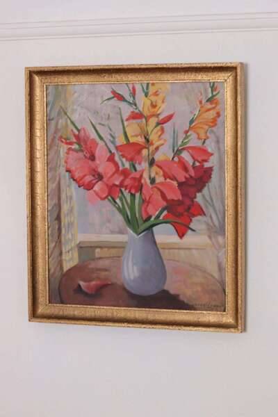 Original Swedish oil on canvas – “Flowers” by Gunnar Larsson – vintage & framed – 58 × 68 cm