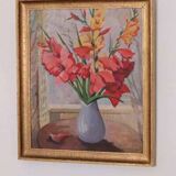 Original Swedish oil on canvas – “Flowers” by Gunnar Larsson – vintage & framed – 58 × 68 cm