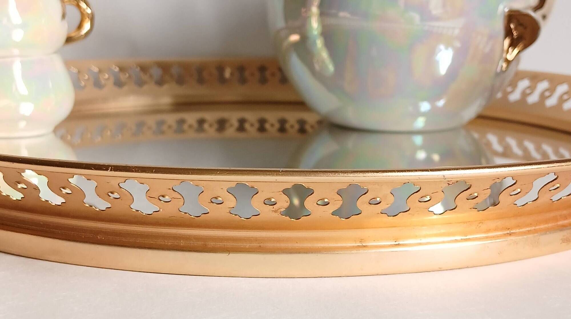 Fruit-shaped liqueur service in porcelain or tea set with its mirror tray.