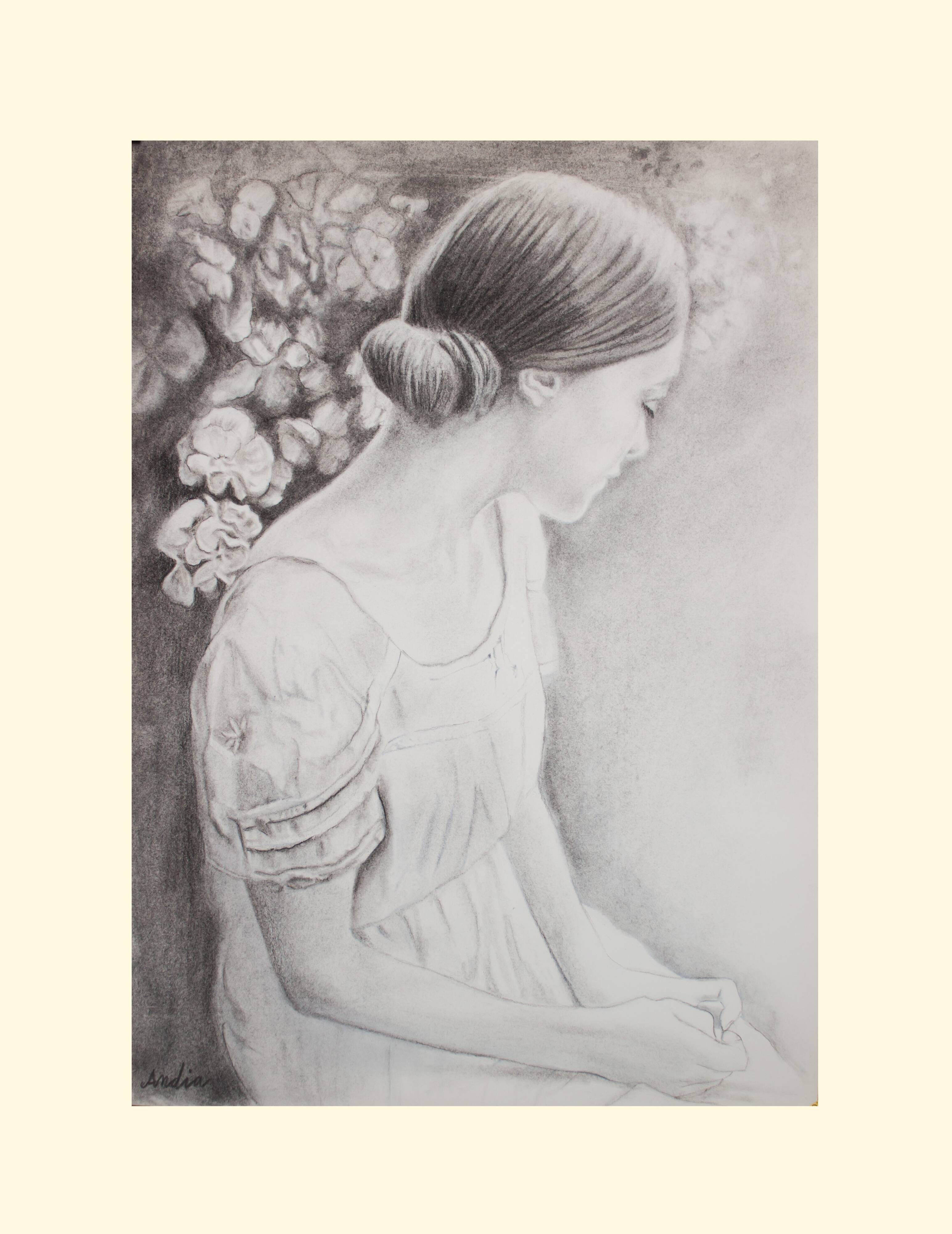 Charcoal drawing representing a young woman. Carbon paint.