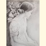 Charcoal drawing representing a young woman. Carbon paint.