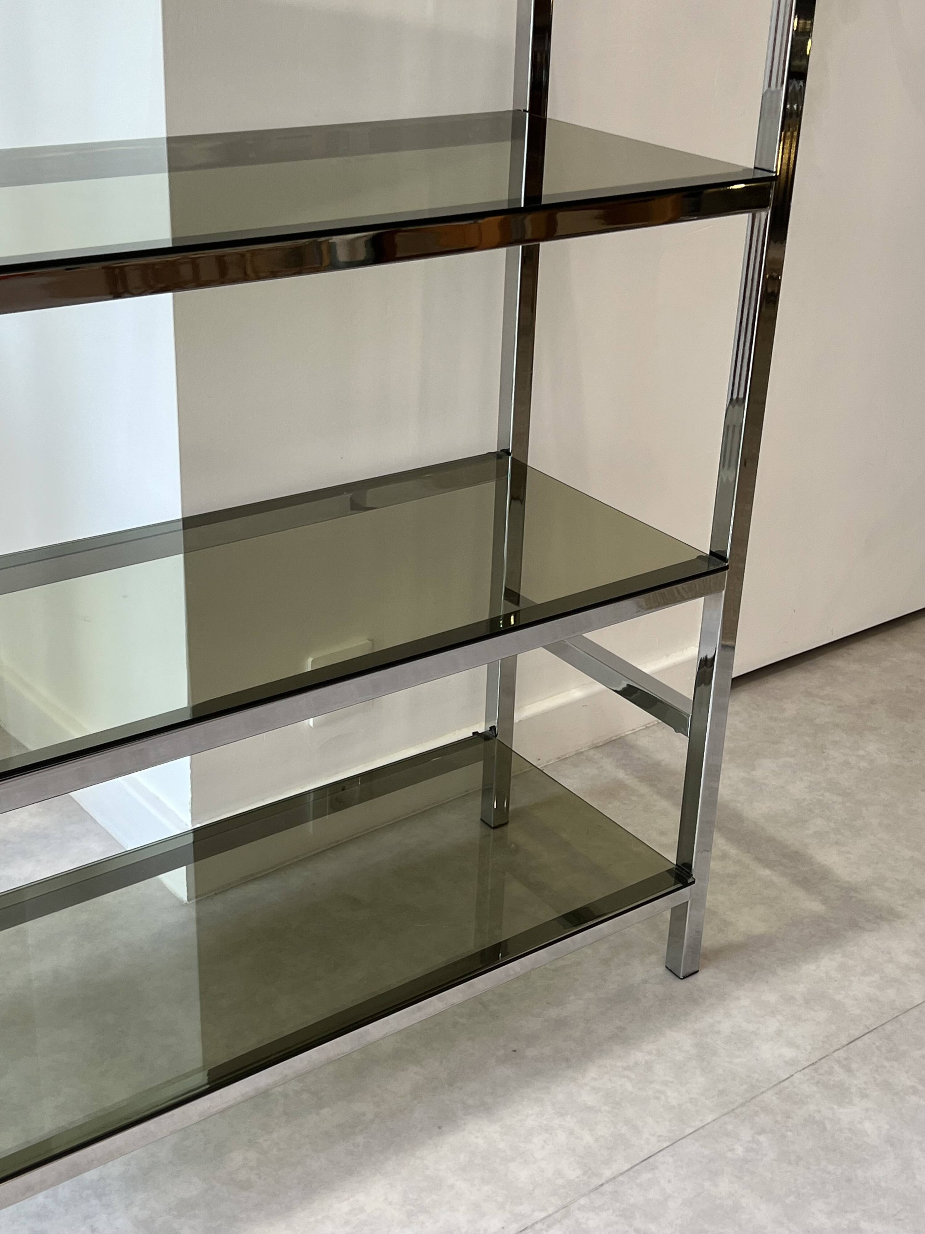 Chrome and smoked glass bookcase/shelf, circa 1970