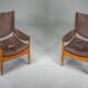Ensemble de 3 fauteuils lounge danois modernes en chêne et cuir avec repose-pieds, conçus par Kristian Vedel pour Søren Wiladsen, années 1960.