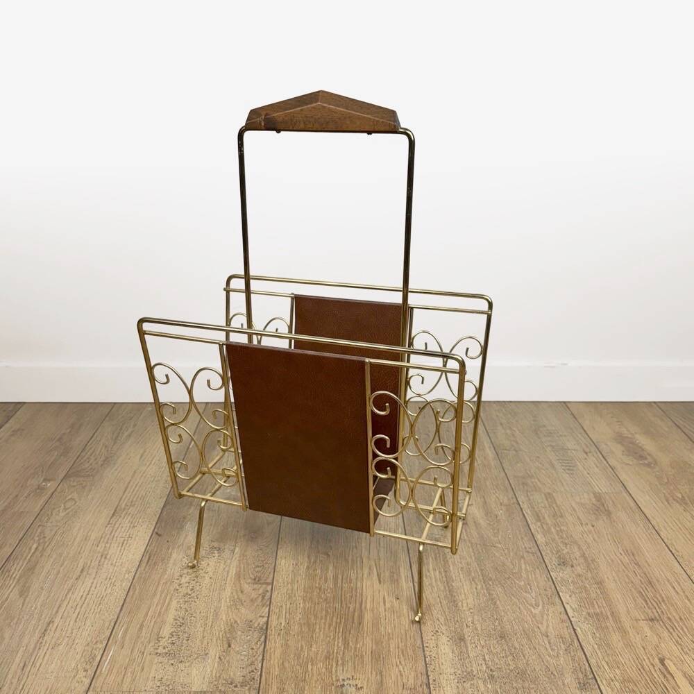 1960s faux leather and brass magazine rack