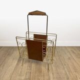 1960s faux leather and brass magazine rack