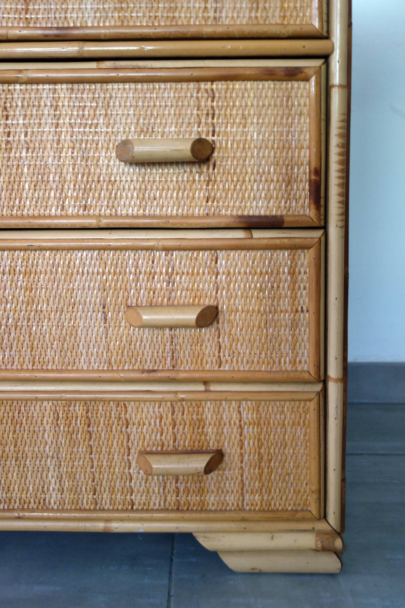 Chest of drawers with 5 wicker and bamboo drawers, 70s/80s.