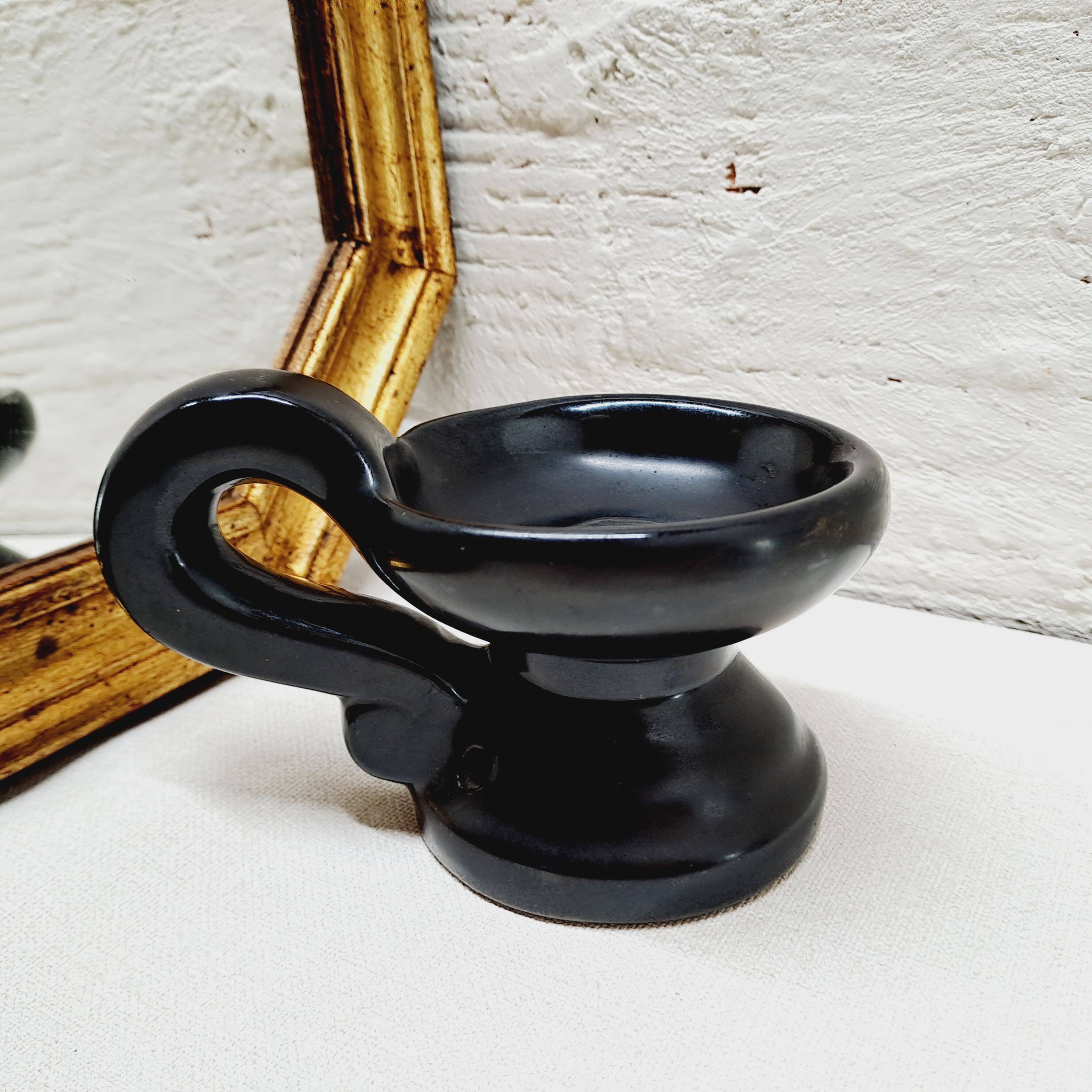 Matte black ceramic candle holder from the 60s