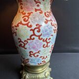 Old Asian vase mounted as a lamp with pagoda lampshade