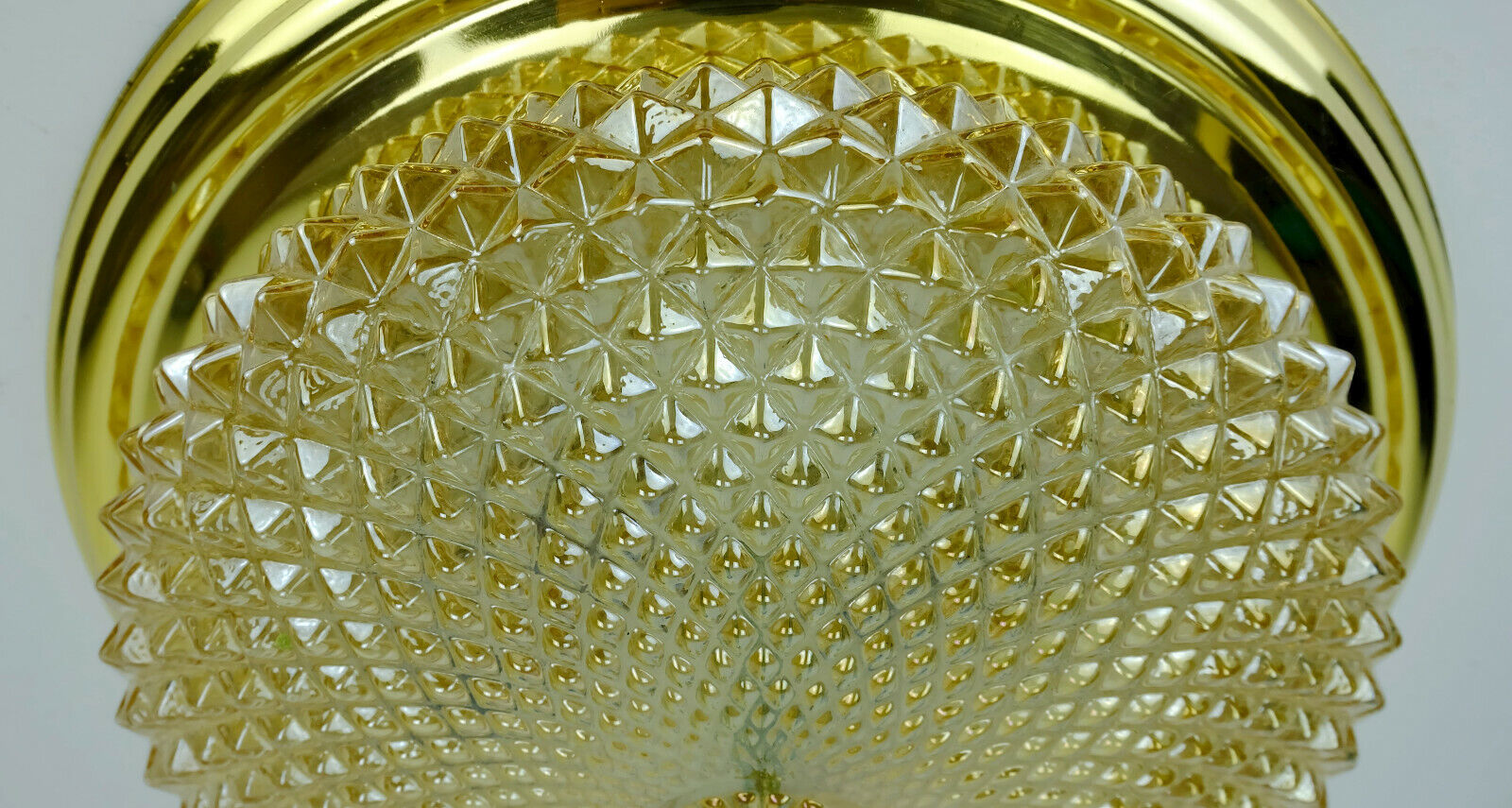 mid century ceiling LAMP flush mount textured amber glass and brass 1970s