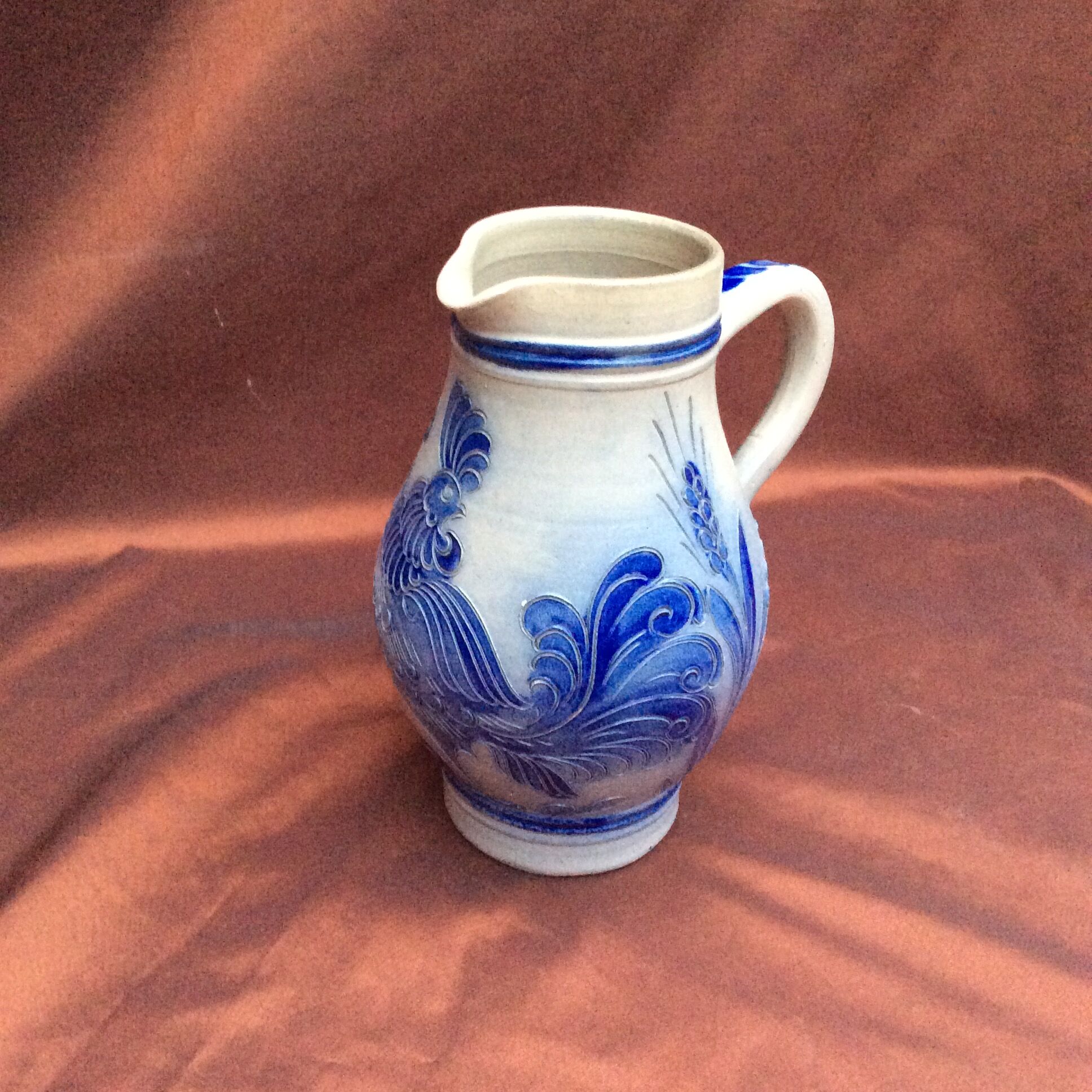 Old sandstone pitcher signed cobalt color and light gray dimension: height -22.5 cm- width -18.5