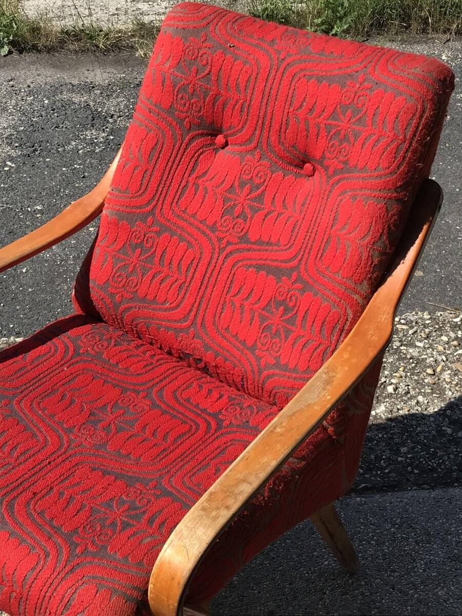 Vintage Czechoslovak armchair in wood and multicoloured fabric by Jaroslav Smidek (1960s)