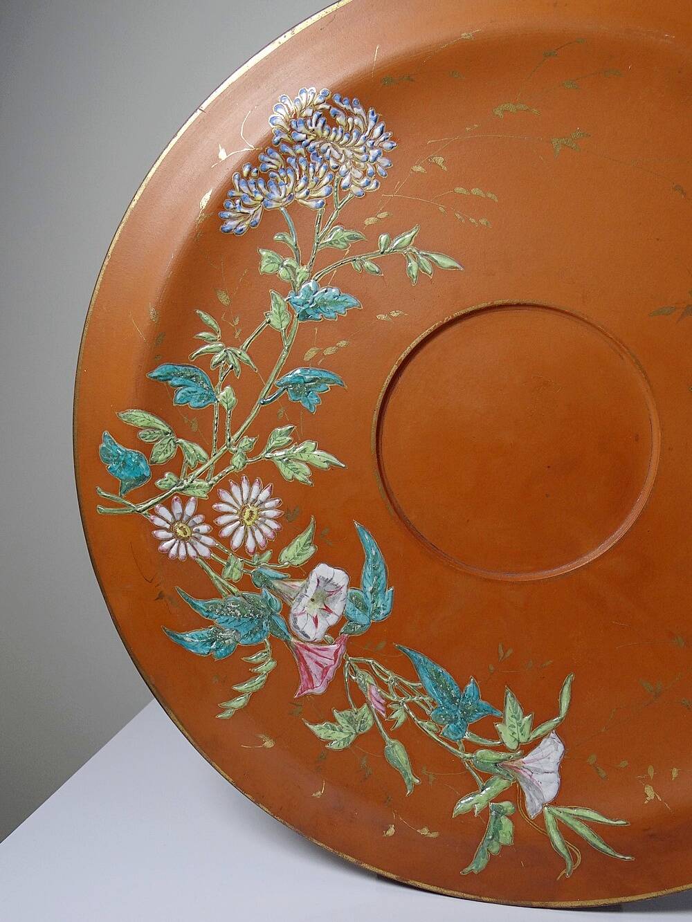 Large old clay/terracotta dish with Japanese Art Nouveau enamel