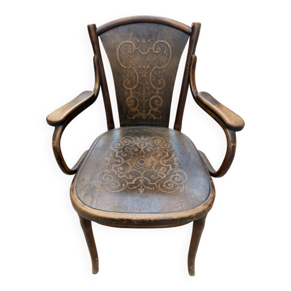Fauteuil Thonet ancien, assise et dossier en bois pressé Art Nouveau