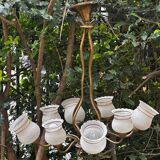 Vintage Lustre Brass and Frosted Glass with White and Gold Large Grains 8 Lights