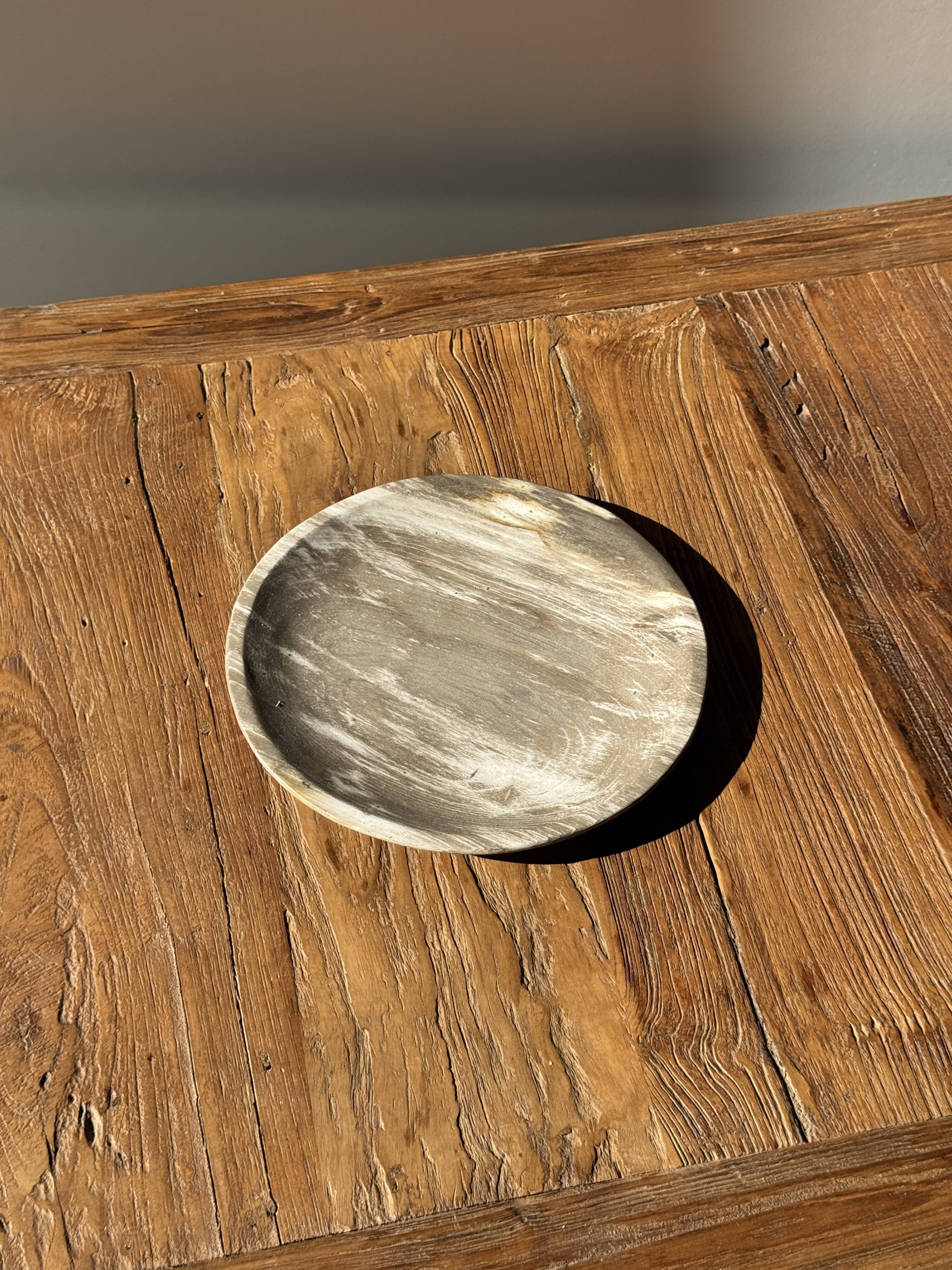 Petrified wood vide poche, circular dish or plate in light beige D25.