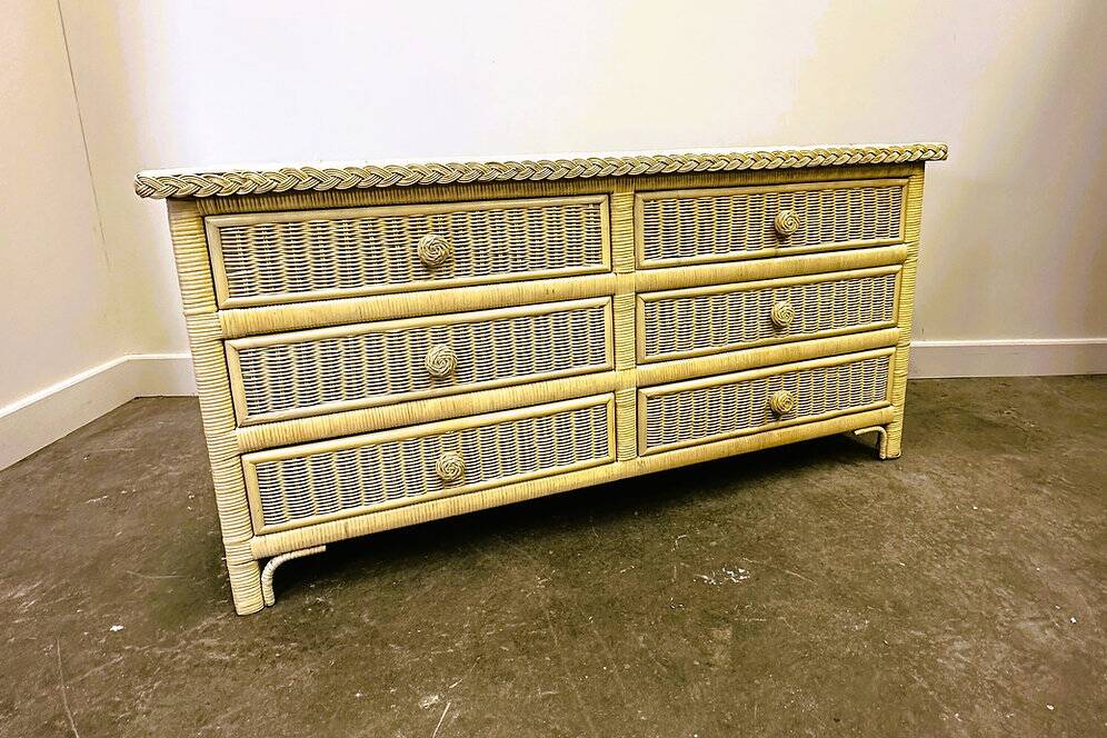 Mid-century pale yellow rattan and bamboo chest of drawers