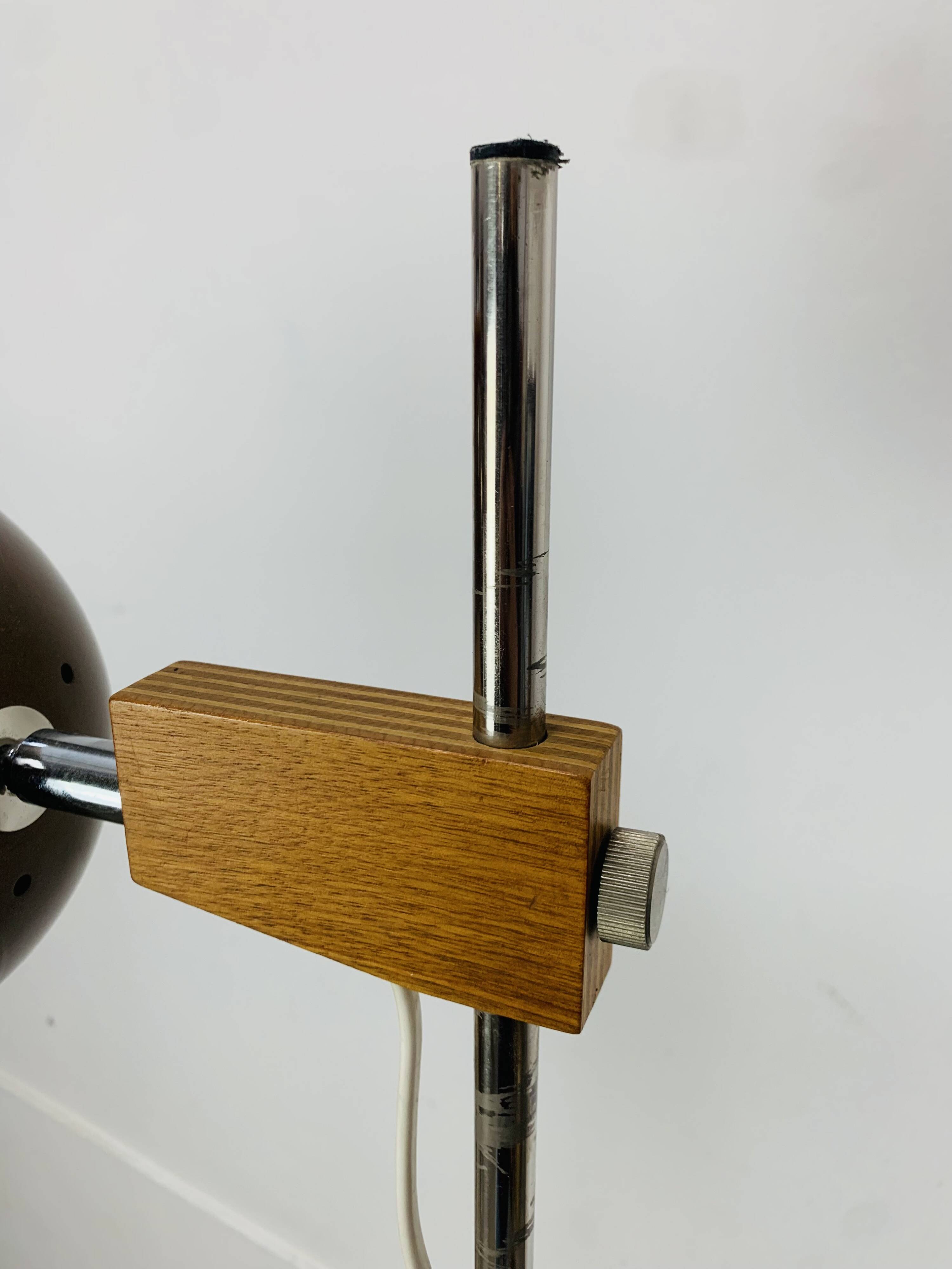 Eyeball floor lamp by Temde Leuchten, copper metal, teak and chrome, 70s.
