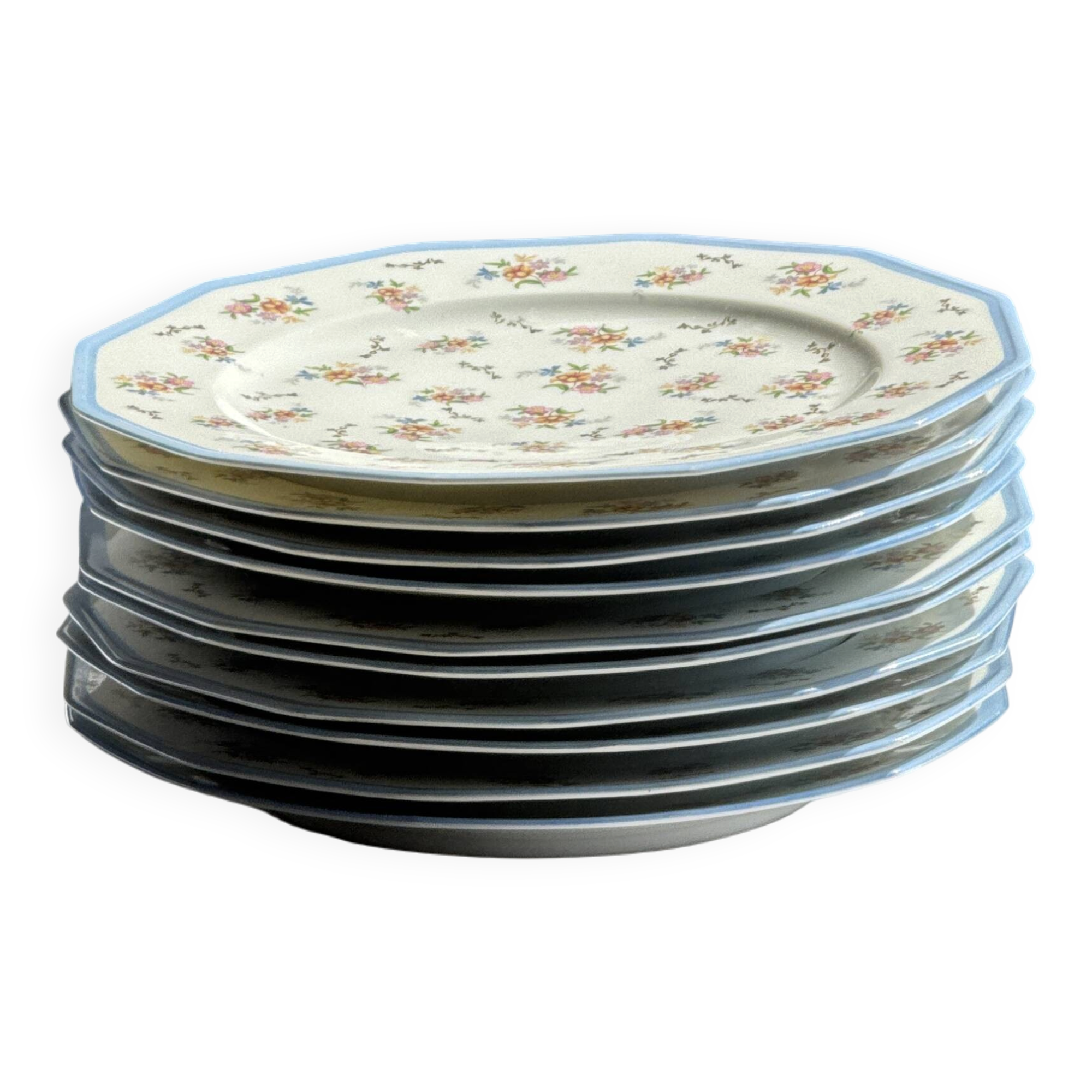 Set of 10 flat plates in Limoges porcelain from France with flowers.
