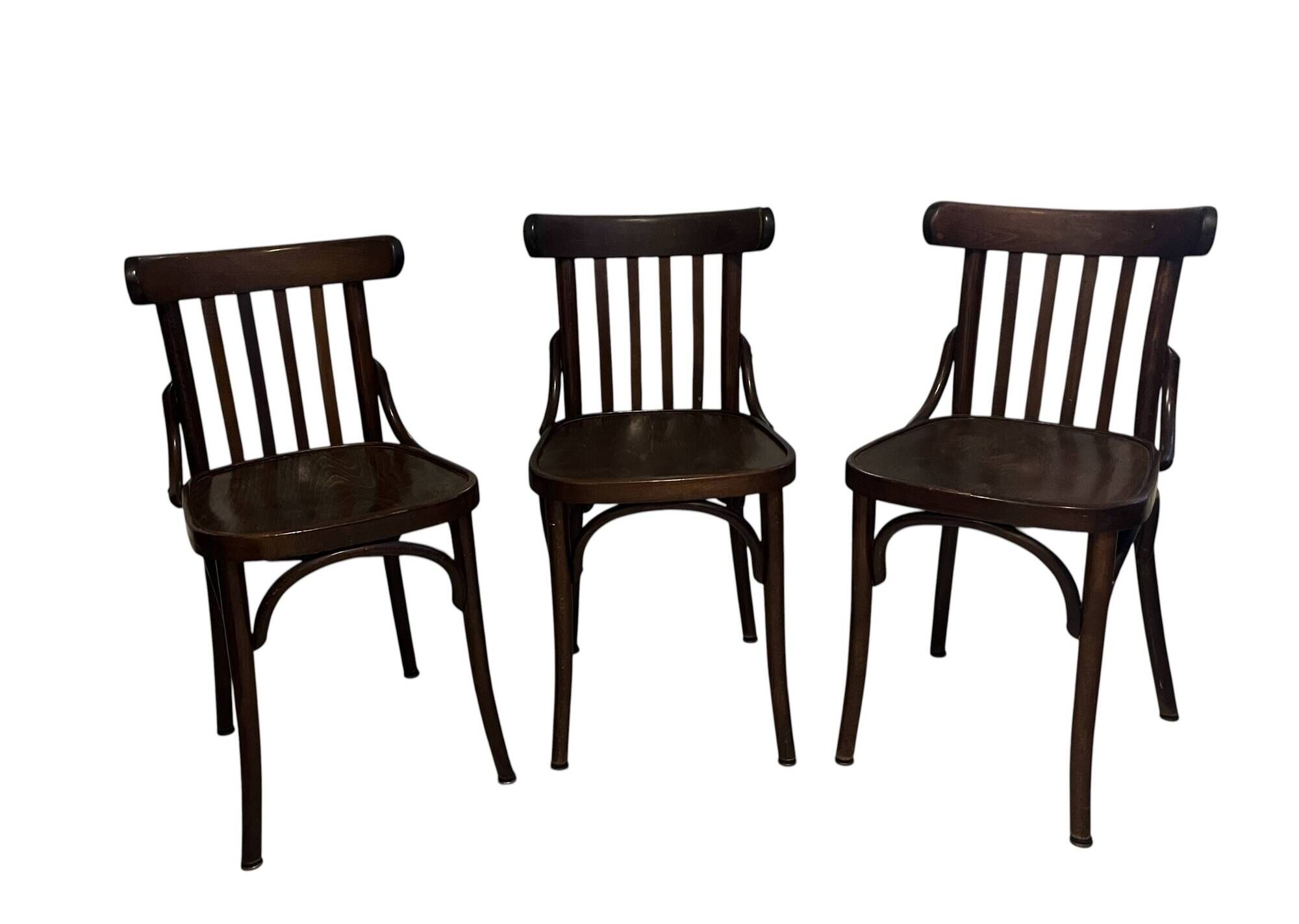Set of 3 vintage wooden bistro chairs from around 1950.