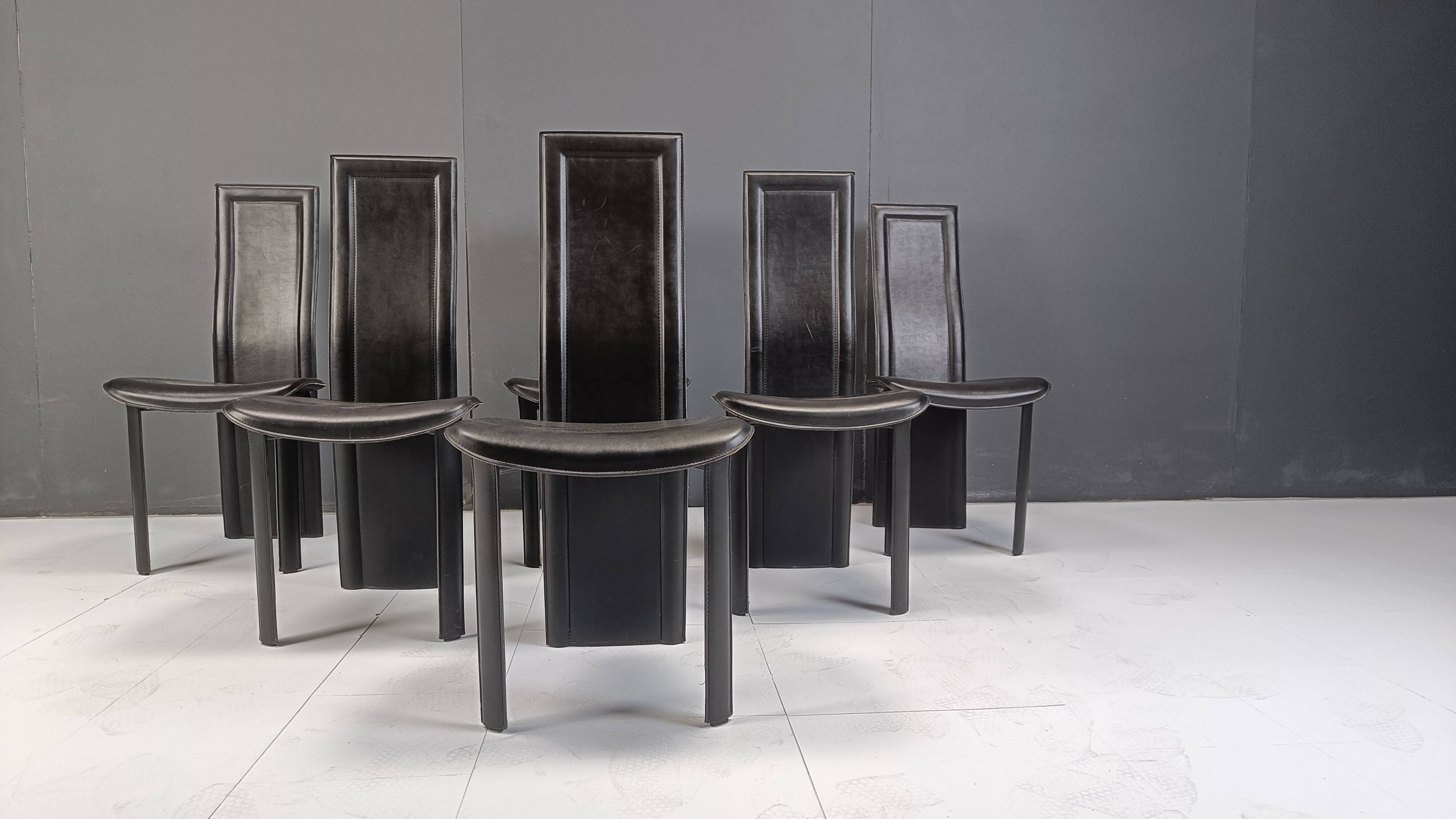 Vintage black leather high back dining chairs, set of 6, 1980s