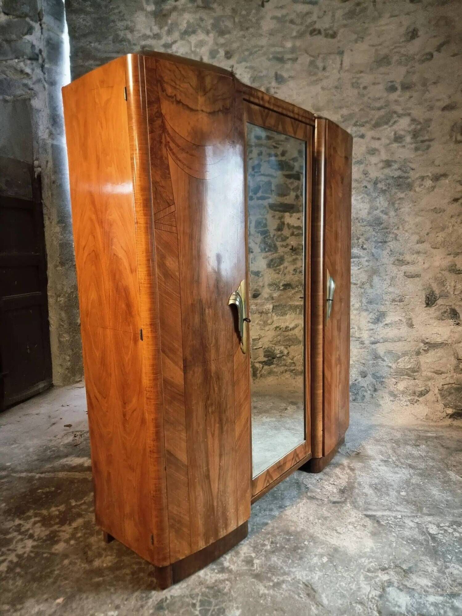 French Art Deco walnut wardrobe with mirror, 1930s