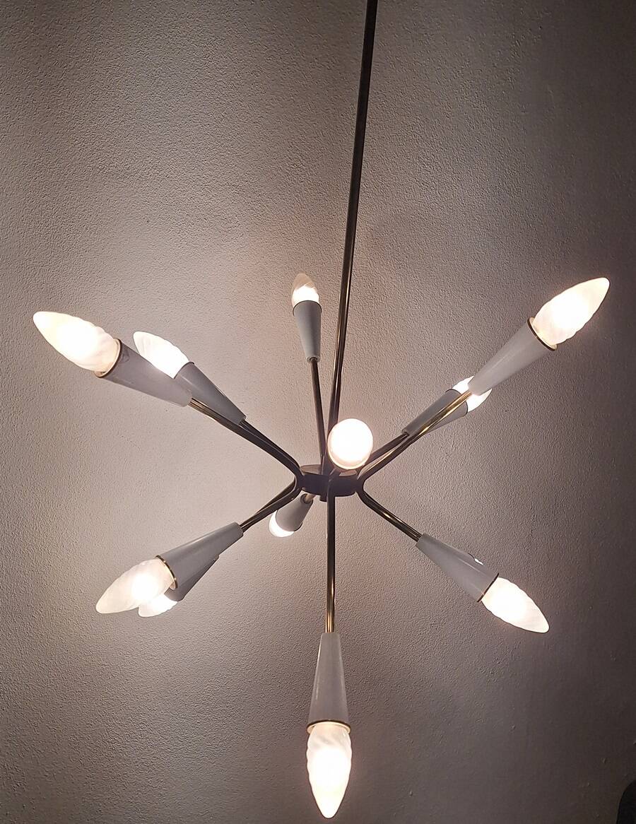 Stilnovo style 12 light Brass and White sputnik Chandelier