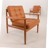 Rare Grete Jalk teak lounge chairs in aniline cognac leather for Cado