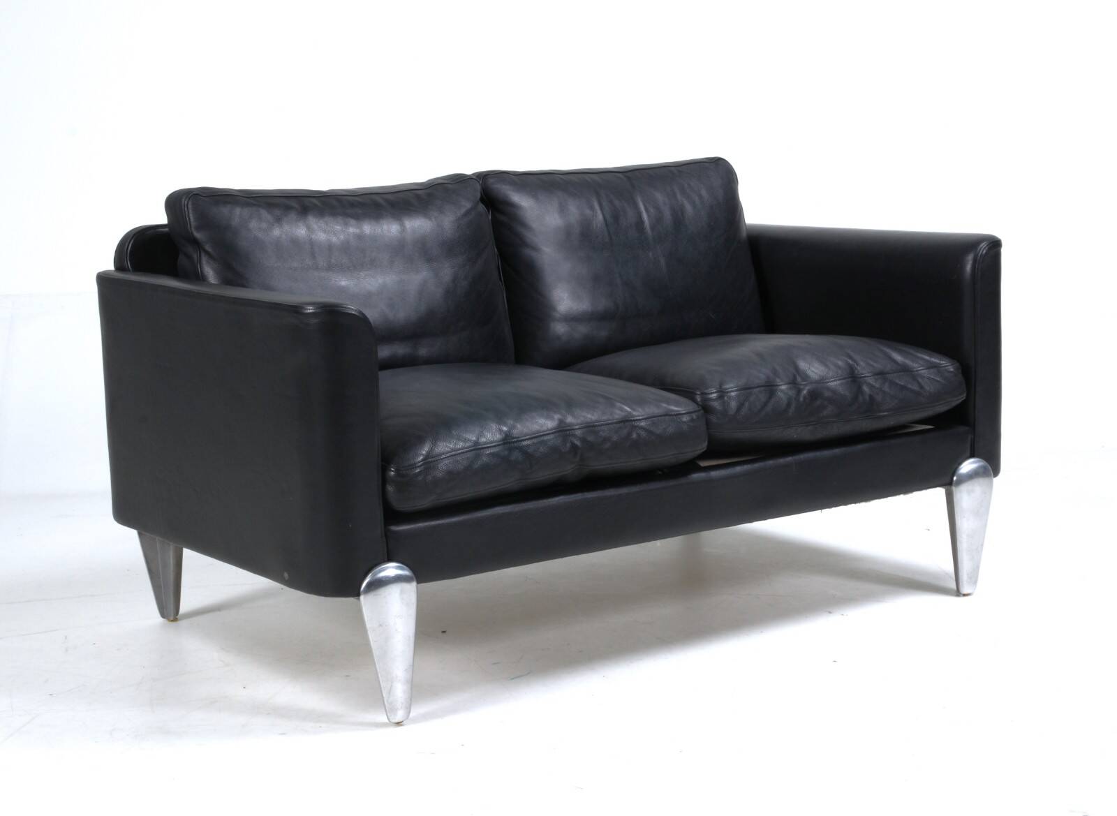 Vintage danish soren holst black leather 2 seater sofa with aluminium legs