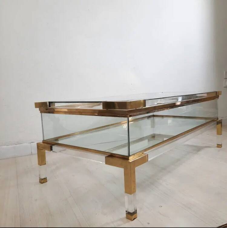 coffee table, table with sliding top, brass plexiglass crystal  vintage anni 70