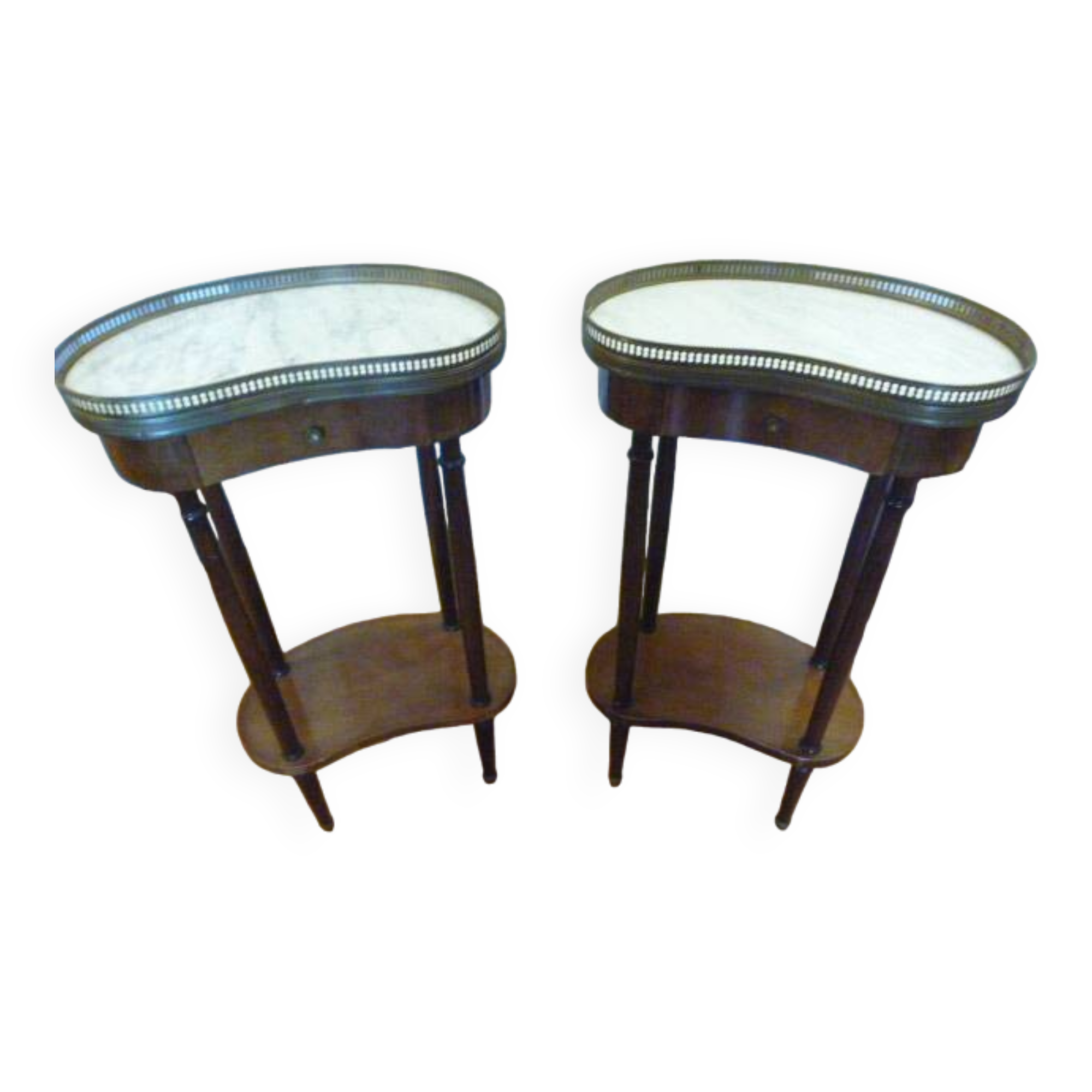 Pair of Antique Louis XVI Style Bean-Shaped Bedside Tables - Marble Top