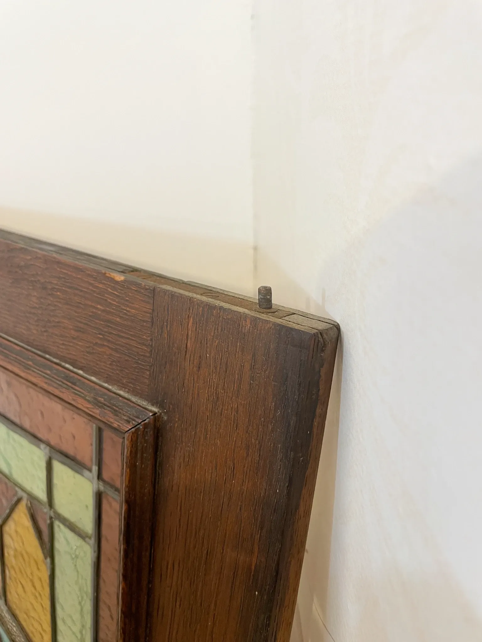 Rare - antique wooden furniture door with art nouveau stained glass