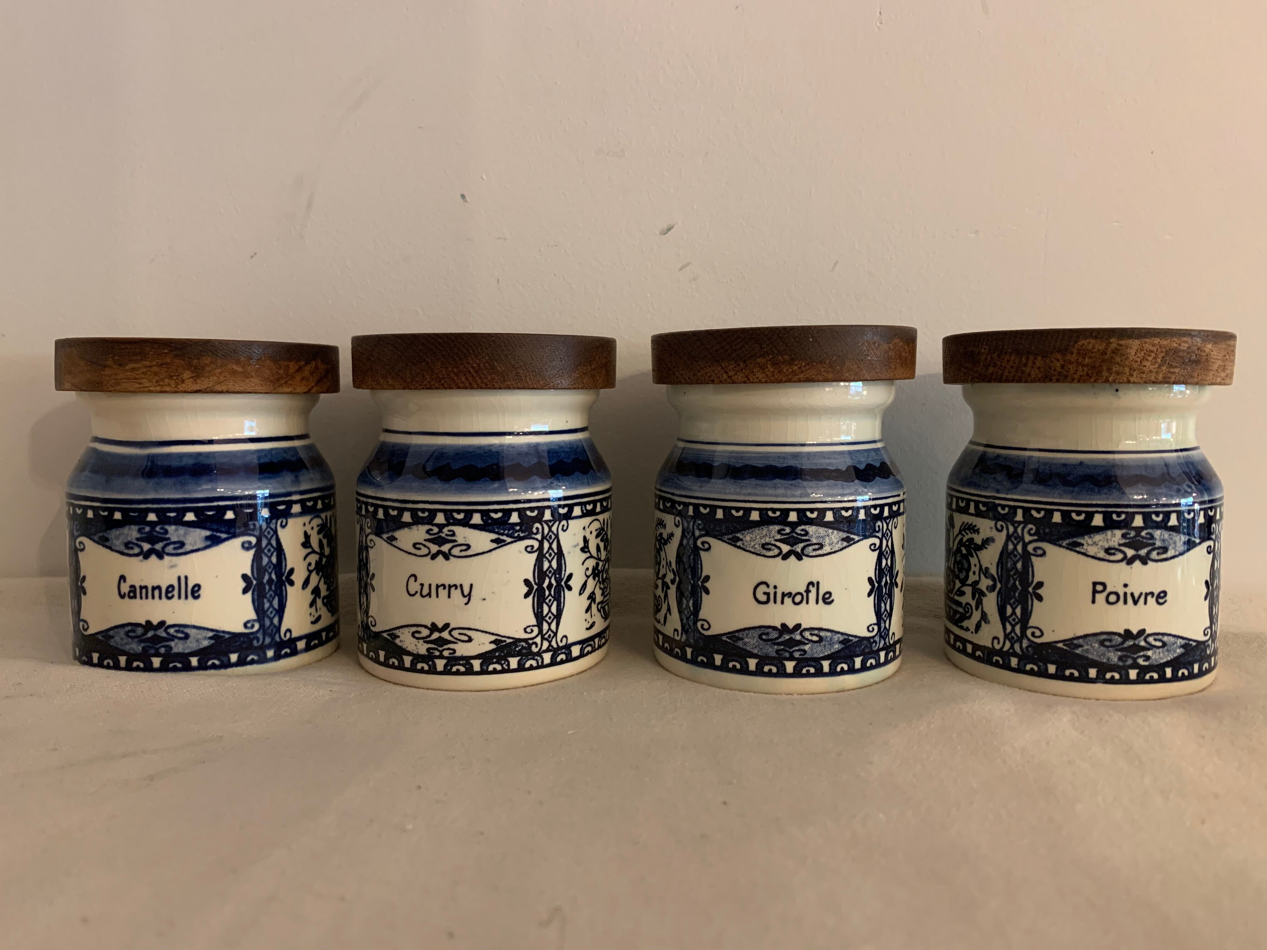 4 old blue and white delfts earthenware spice jars