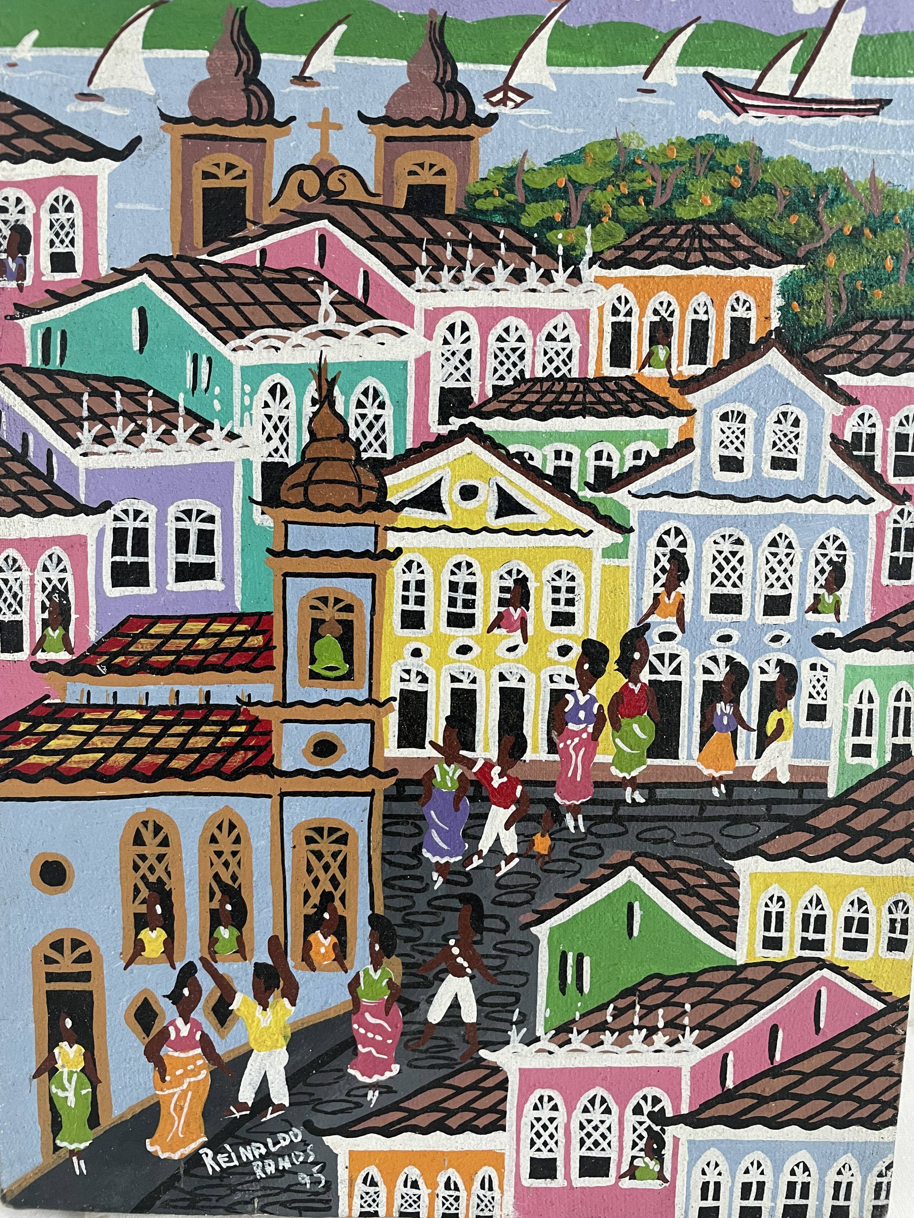Acrylic painting, naive art, street scene Brazil, colorful colonial houses, sea, sailing boats