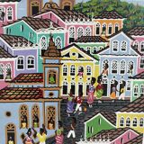 Acrylic painting, naive art, street scene Brazil, colorful colonial houses, sea, sailing boats