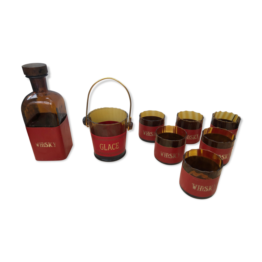 Service à Whisky Vintage - Carafe, Seau à Glaçons, 6 Verres - Verre Fumé - Rétro