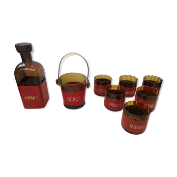 Ancien Service Whisky Carafe + Seau Glaçons + 6 Verres Verre Fumé Vintage