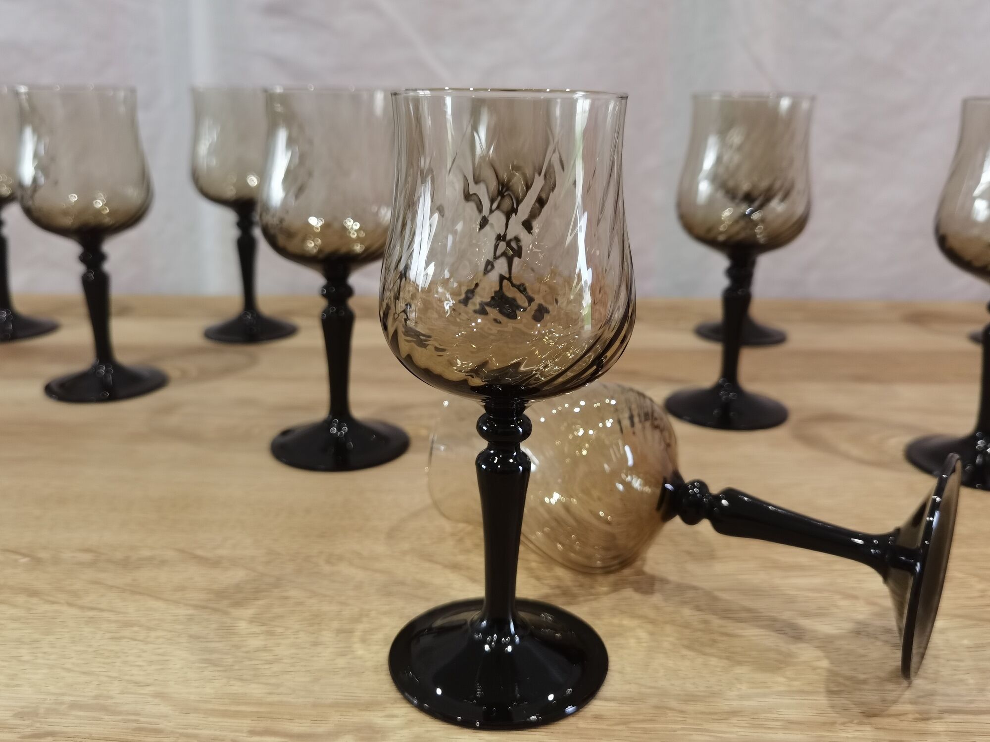 11 vintage black foot smoked twisted water glasses