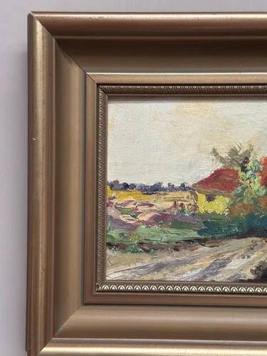 Huile sur panneau originale "Huts" par K.B, vintage et encadrée 30 × 25 cm