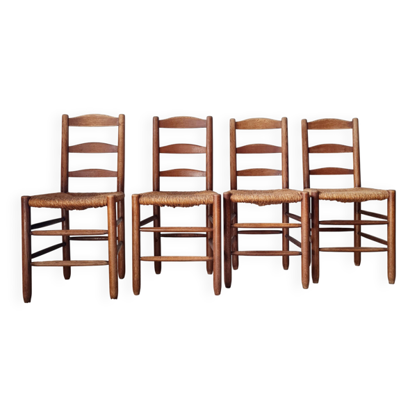 Suite de 4 chaises rustiques en chêne massif et paille