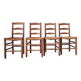 Suite de 4 chaises rustiques en chêne massif et paille