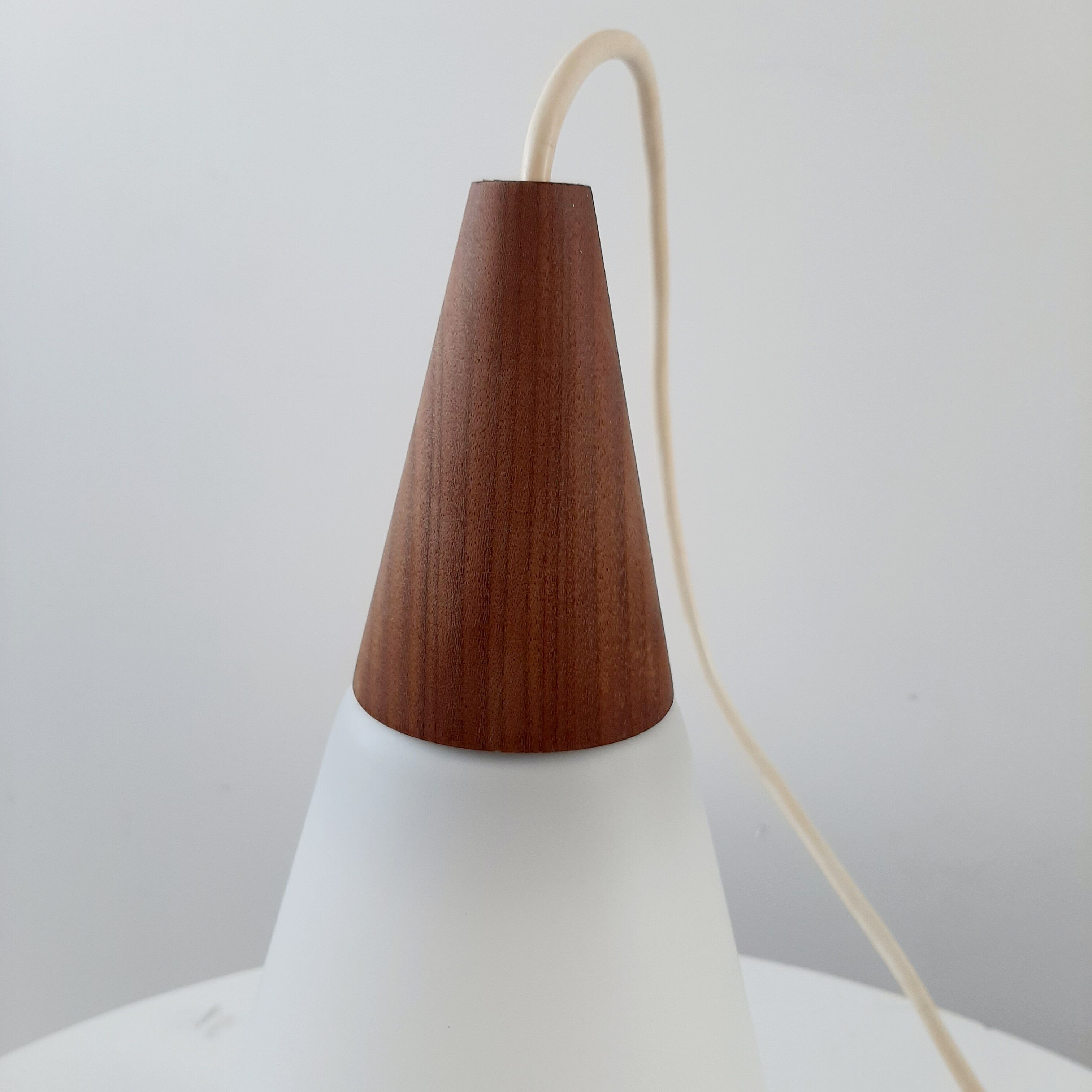 Suspension lamp Louis Kalff 60s teak and opaline